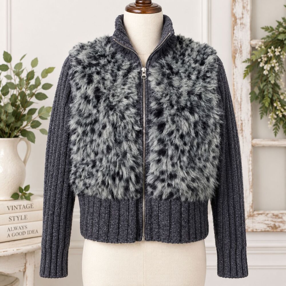 Next Era Faux Fur Front Zip Sweater Size Large Gray Ribbed Knit Jacket